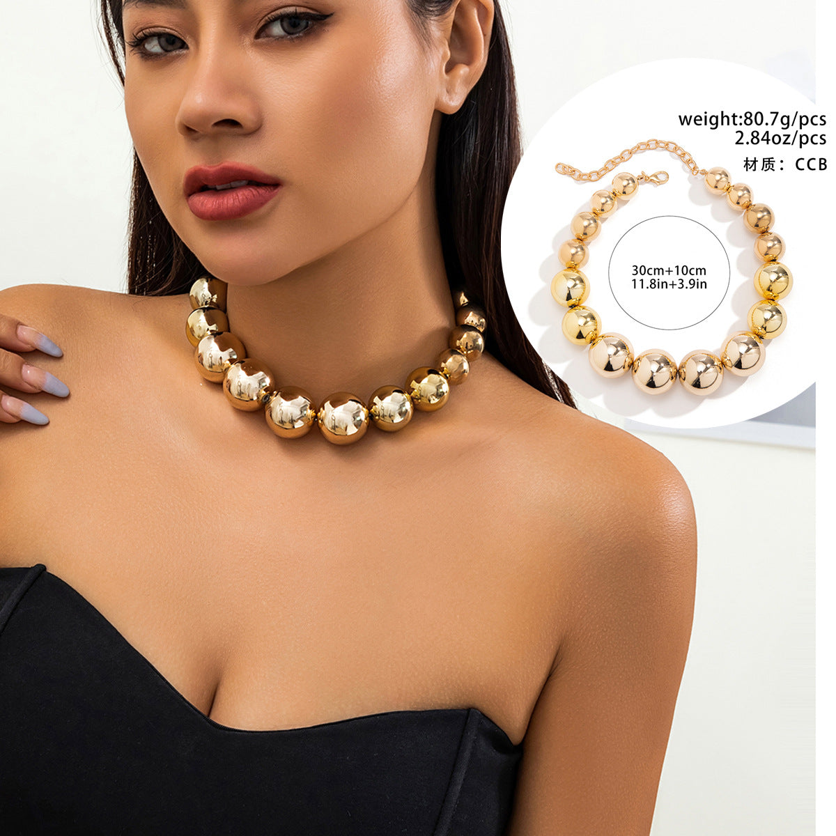 Cyberpunk Style Heart-Shaped Geometric Pendant Necklace with Imitation Pearl Beads Electroplated Multi-Layer Round Bead Chain for Women
