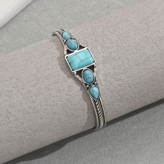 Pulsera de turquesa con incrustaciones geométricas vintage para mujer, brazalete ajustable con patrones circulares y de anillos