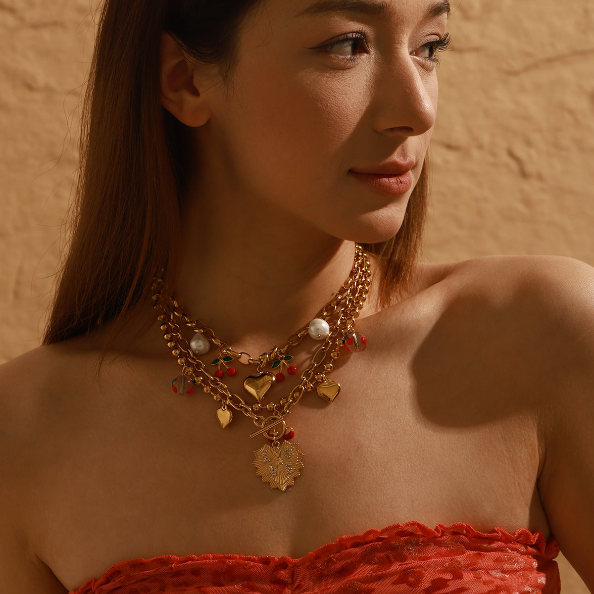 Elegant Stainless Steel Multi-Layer Necklace with Titanium Steel Fruit Charms