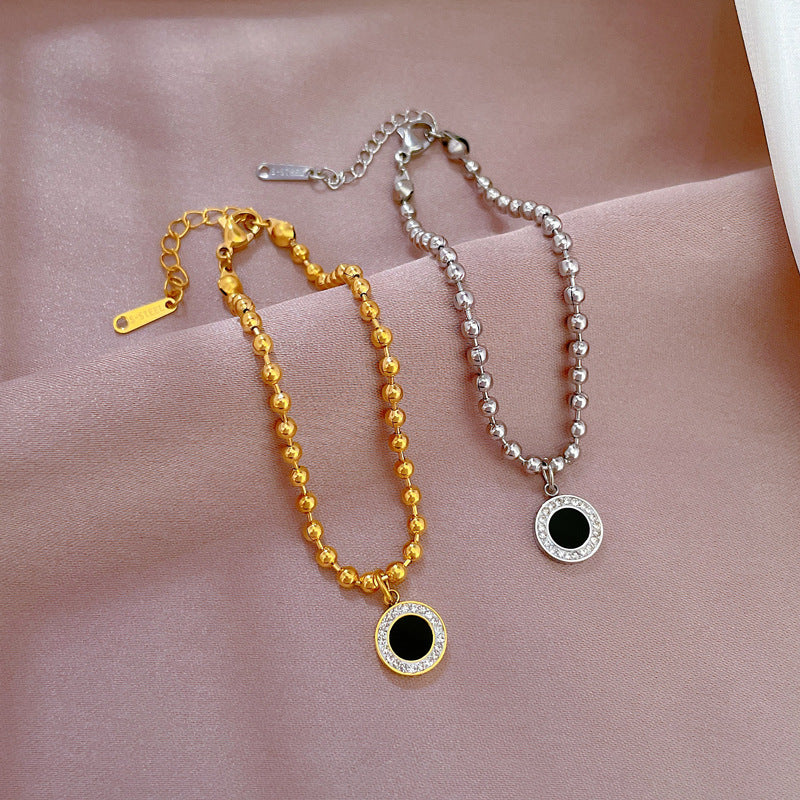 Vintage-Inspired Titanium Steel Beaded Bracelet for Women with Rhinestone Inlay, Korean-Inspired Aesthetic, Perfect for Gifting and Travel Souvenirs