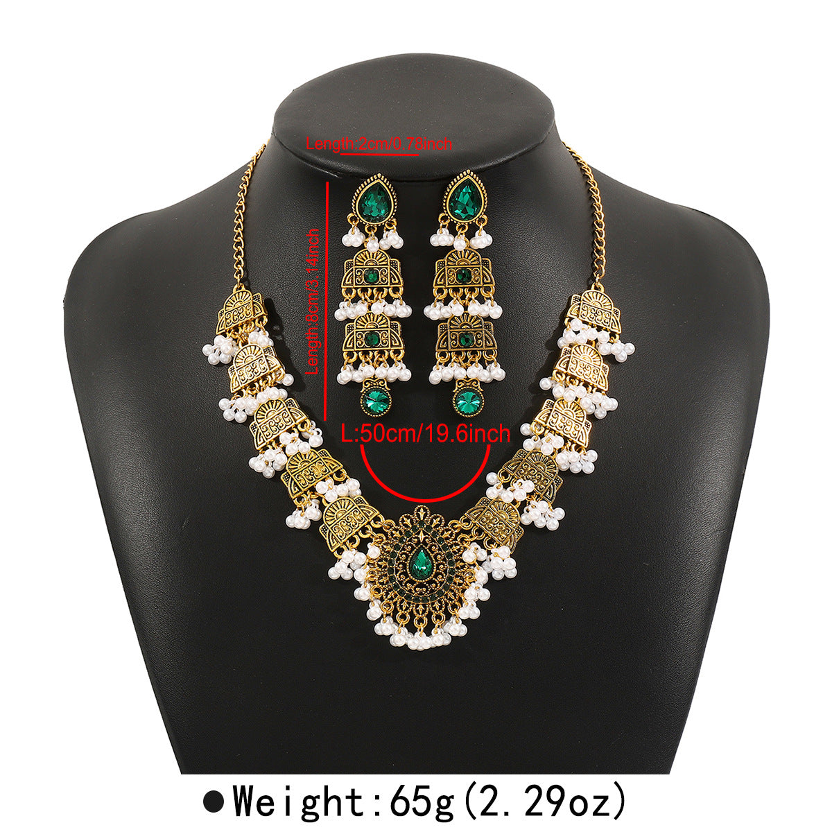 Set Collana e Orecchini Bohemian Vintage con Fantasia Geometrica, Ciondolo Imitazione Perla, Intarsio di Strass, Nappina e Catena Regolare