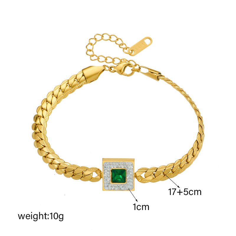 Conjunto de collar y pulsera minimalista vintage con colgante cuadrado verde esmeralda de acero de titanio con incrustaciones de diamantes de imitación y acabado chapado