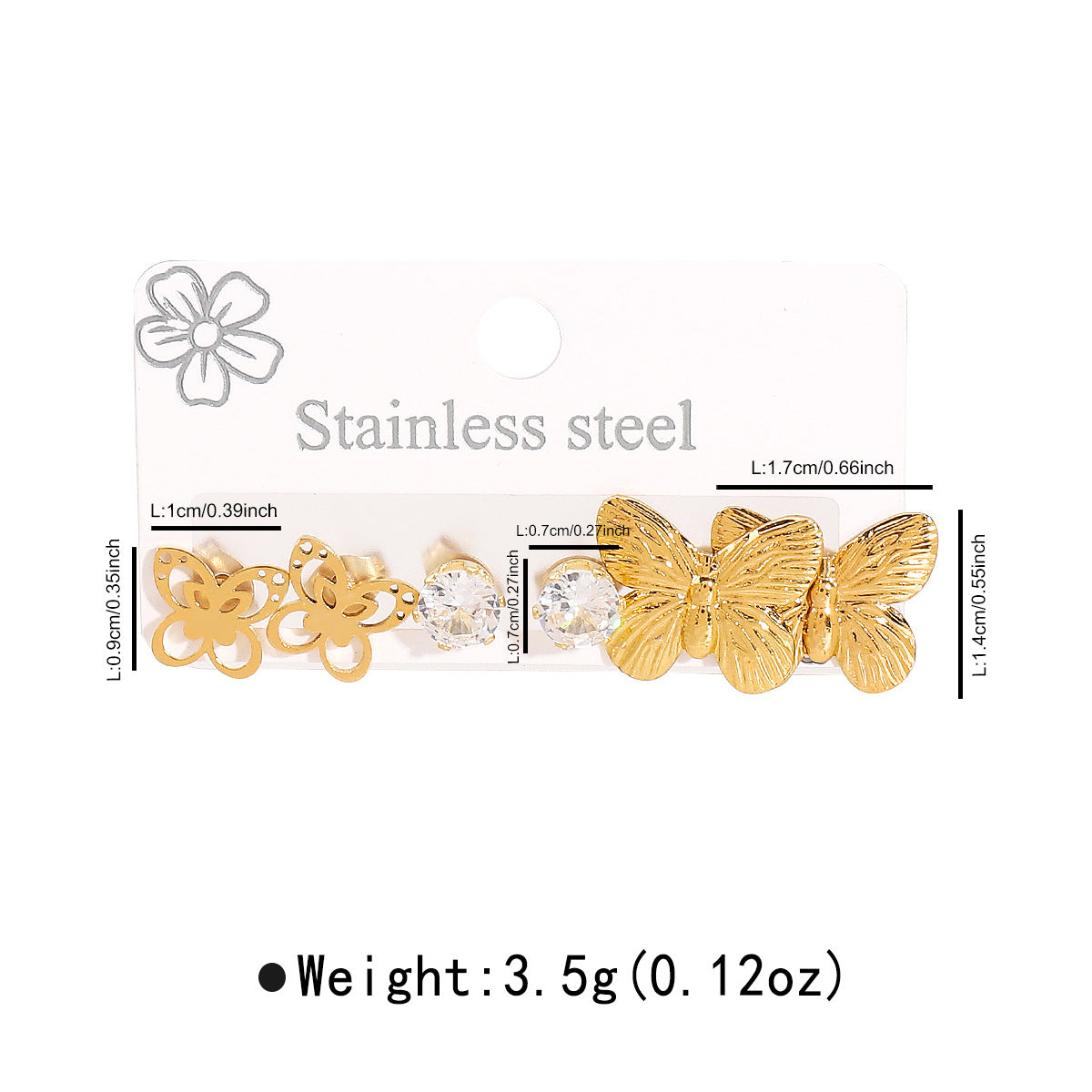 Orecchini a perno con strass bianchi geometrici a forma di cuore a farfalla, in acciaio inossidabile placcato oro 14K, minimalisti, da donna