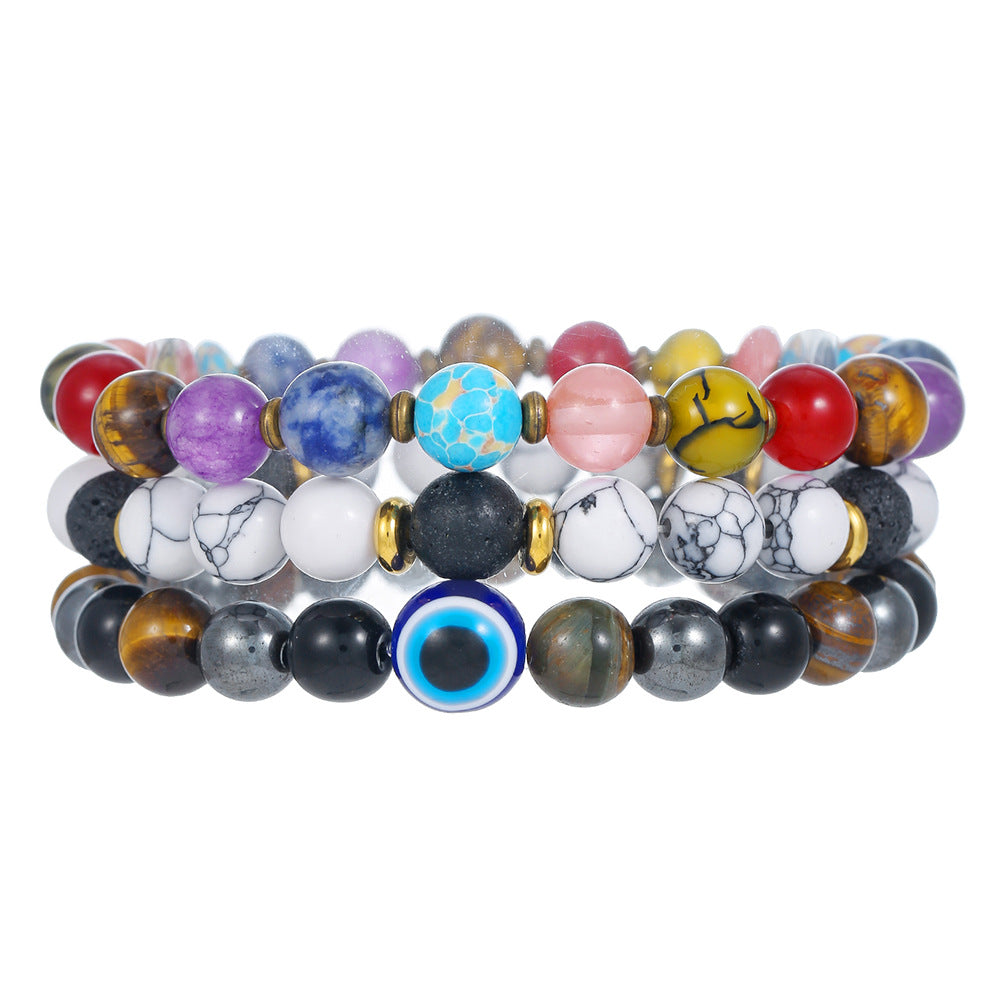 Bohemian Ethnic Geometric Natural Lava Stone and White Turquoise Stretch Bracelet with Love Meaning