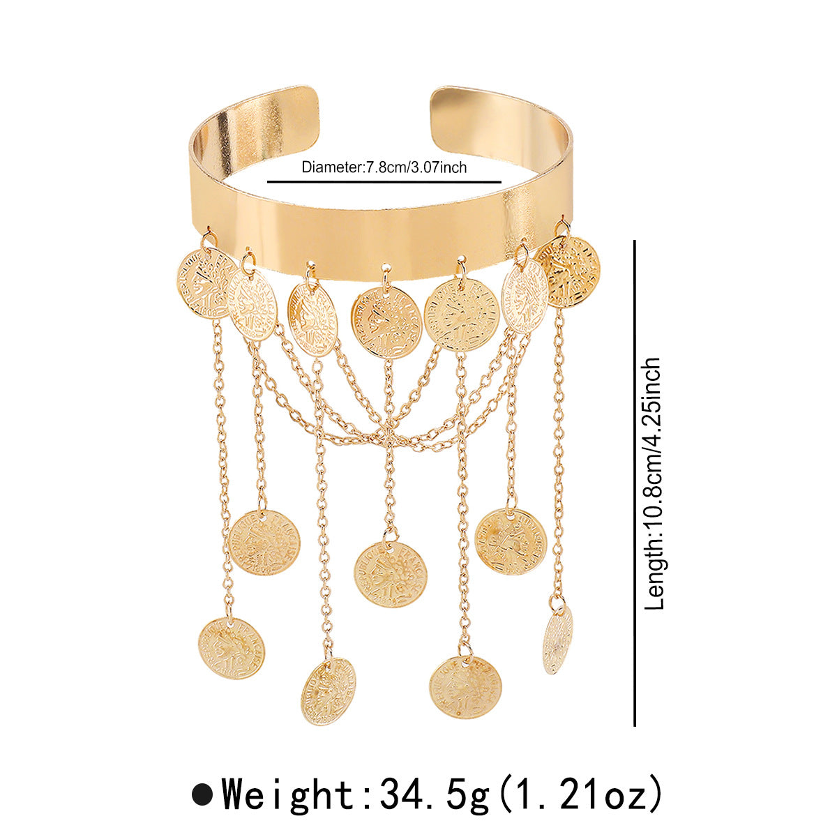 Exótica pulsera abierta tipo brazalete para mujer, con borla larga en forma de moneda y acabado de hierro chapado