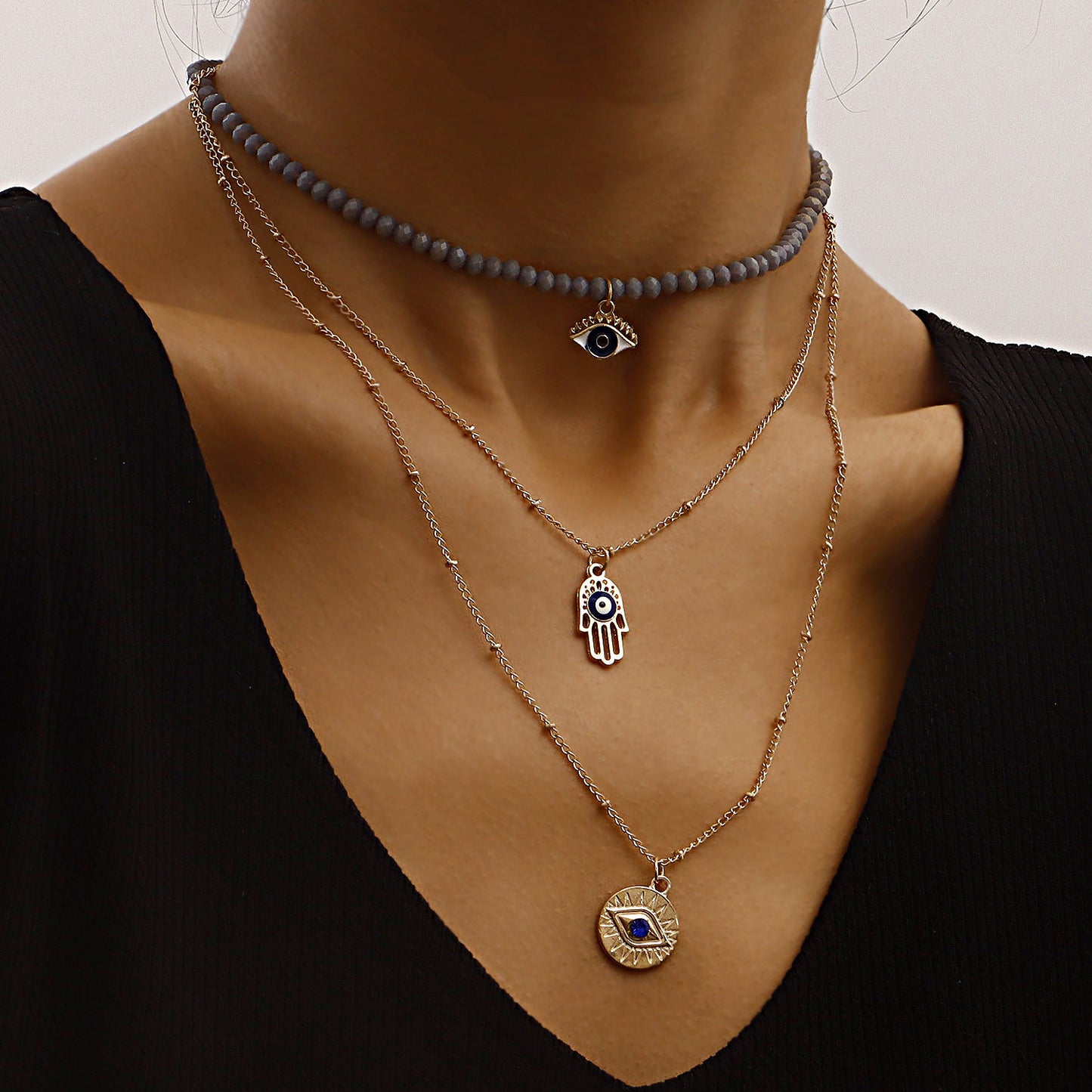 Geometric Blue Evil Eye Pendant Necklace with Rhinestone Inlay and Gold Plated Alloy for Women