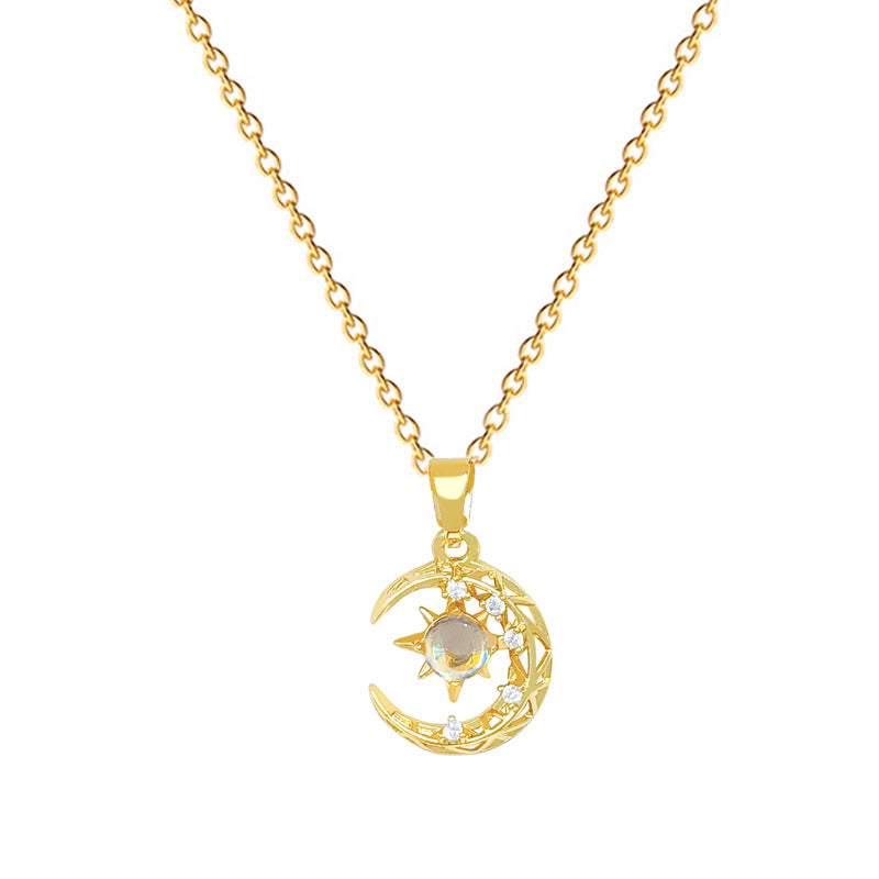 Sweet Elegant Moon Star Geometric Rhinestone Titanium Steel Necklace Unisex Cable Chain
