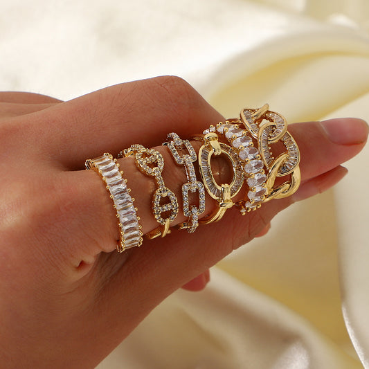 Anillo minimalista bohemio de cobre con incrustaciones de circonita, banda ajustable para mujer