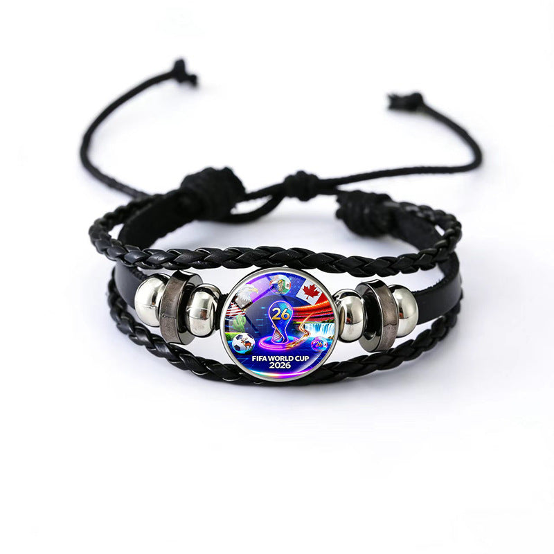 Vintage Geometric Round Black Leather Snap Button Bracelet Unisex Multi-layer Woven Fan Souvenir