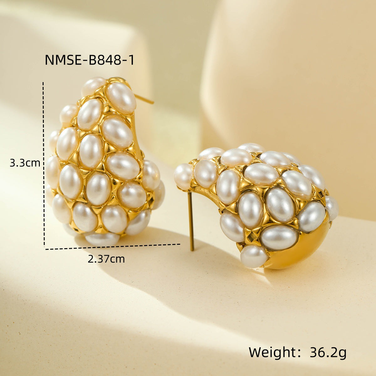 Pendientes de acero de titanio con forma de lágrima estilo vintage, incrustaciones de perlas y baño de oro de 18 quilates para mujer