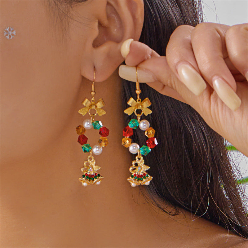 Aretes colgantes de Navidad con forma de estrella y campana para mujer, de aleación con acabado galvanizado, con motivos festivos de copos de nieve y árboles
