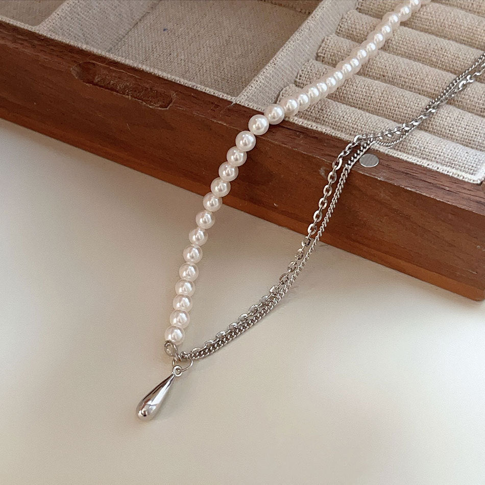 Minimalist Waterdrop-Shaped 925 Sterling Silver Necklace with Simulated Crystal and Pearl Pendant for Women