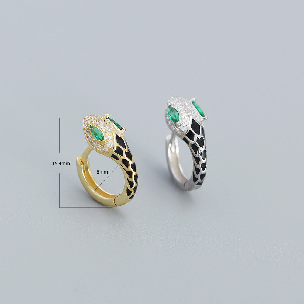 Minimalist Snake-Shaped S925 Sterling Silver Stud Earrings with Rhinestone Inlay and Resin Drip Detail for Women