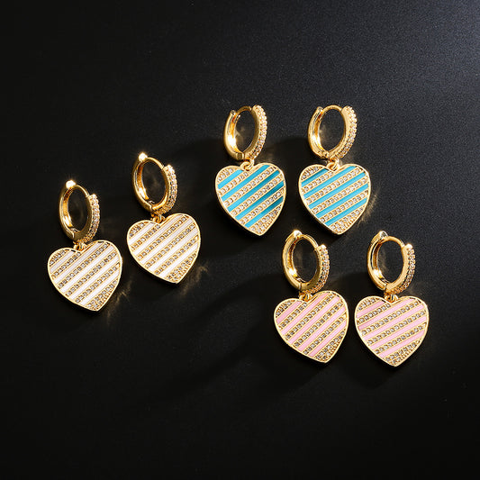 Minimalist Heart-Shaped Copper Earrings with 18K Gold Plating, Enamel Finish, and Micro-Paved Zirconia for Women