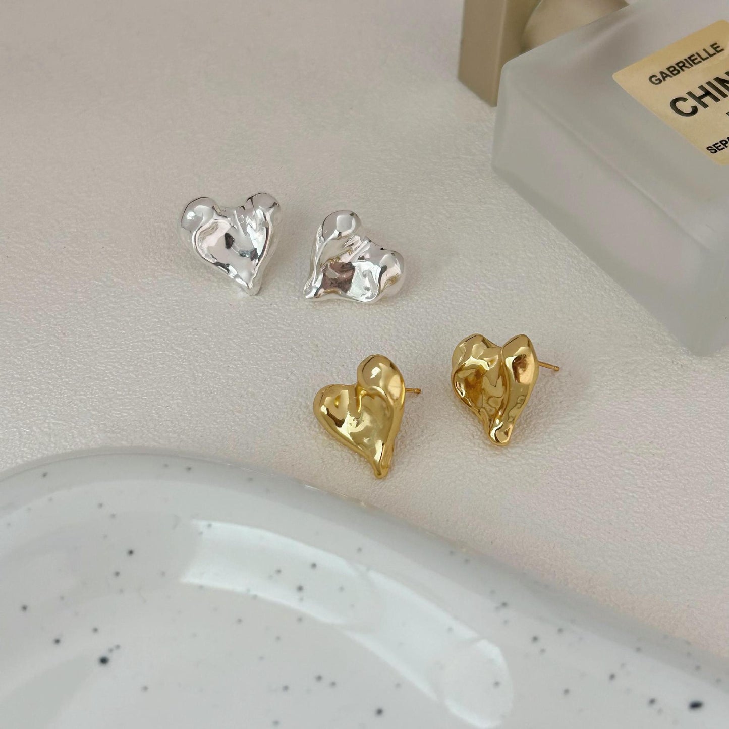 Minimalist Irregular Heart-Shaped 925 Sterling Silver Stud Earrings with Gold Plating, Sweet and Fresh Style