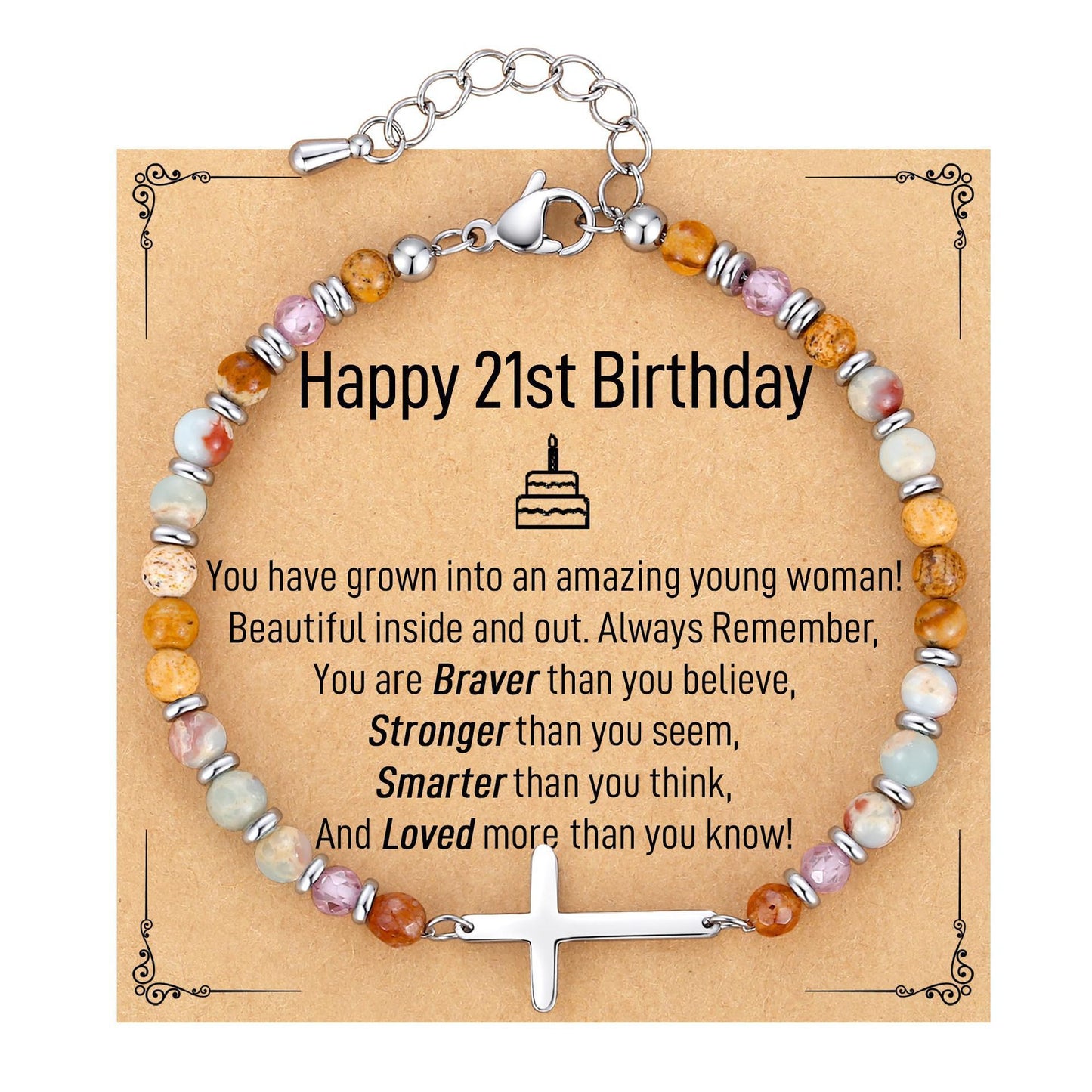 Minimalist Natural Stone Cross Bracelet with Silver Spacer Beads Adjustable Chain