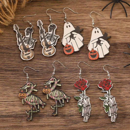 Pendientes góticos de madera de calavera de Halloween, flamenco, calabaza y fantasma con estampado
