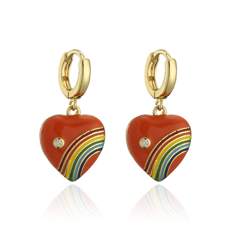 Vintage Drip Oil Rainbow Heart Geometric Brass 18K Gold Plated Micro-set Cubic Zirconia Earrings for Women