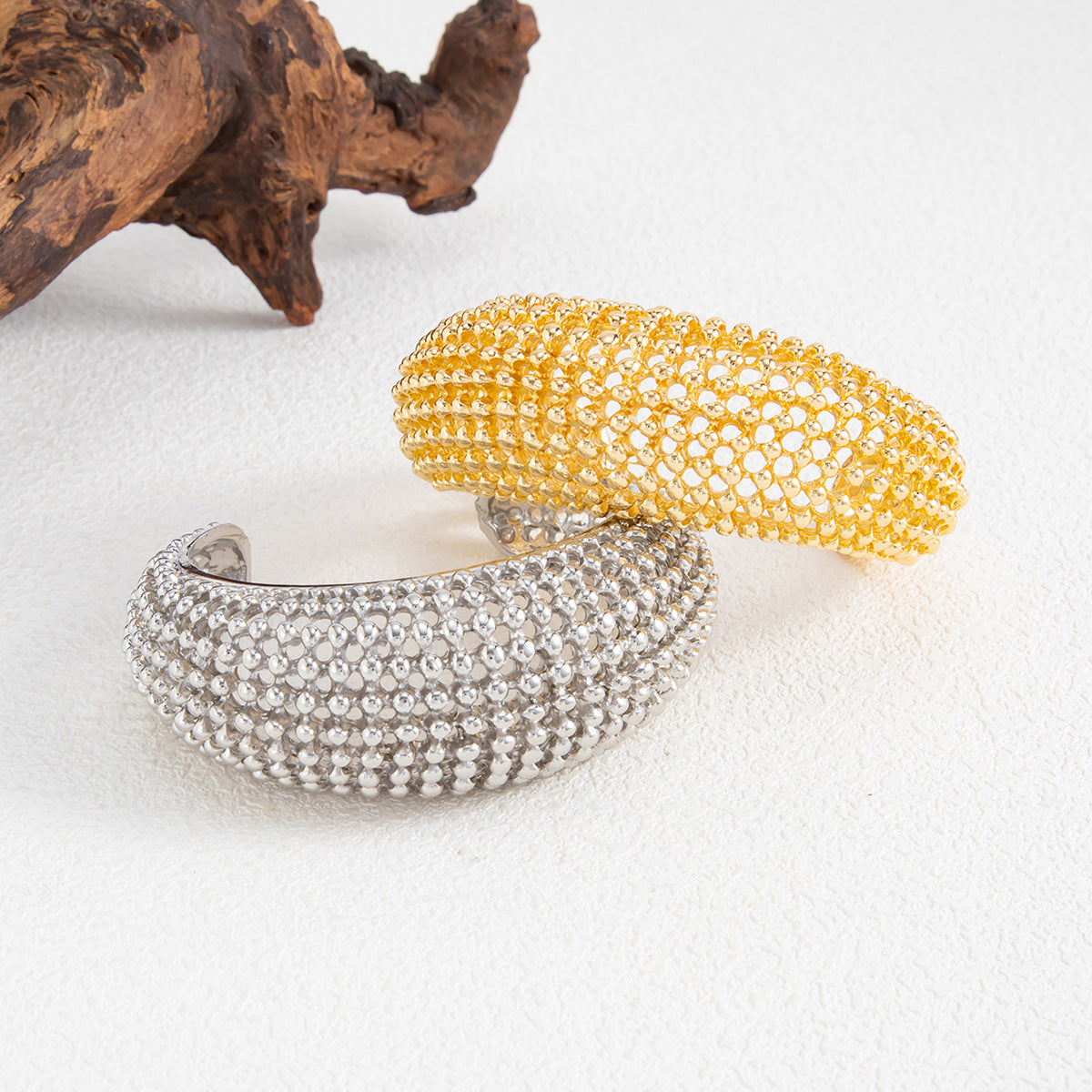 Vintage Geometric Hollow Weave Open Cuff Bracelet Zinc Alloy Plated Wide Bangle