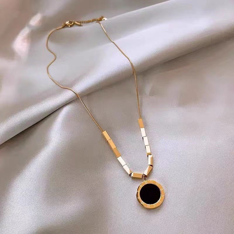 Minimalist Geometric Round Double-Sided Roman Black and White Pendant Necklace in Titanium Steel with Plated Finish on Snake Chain
