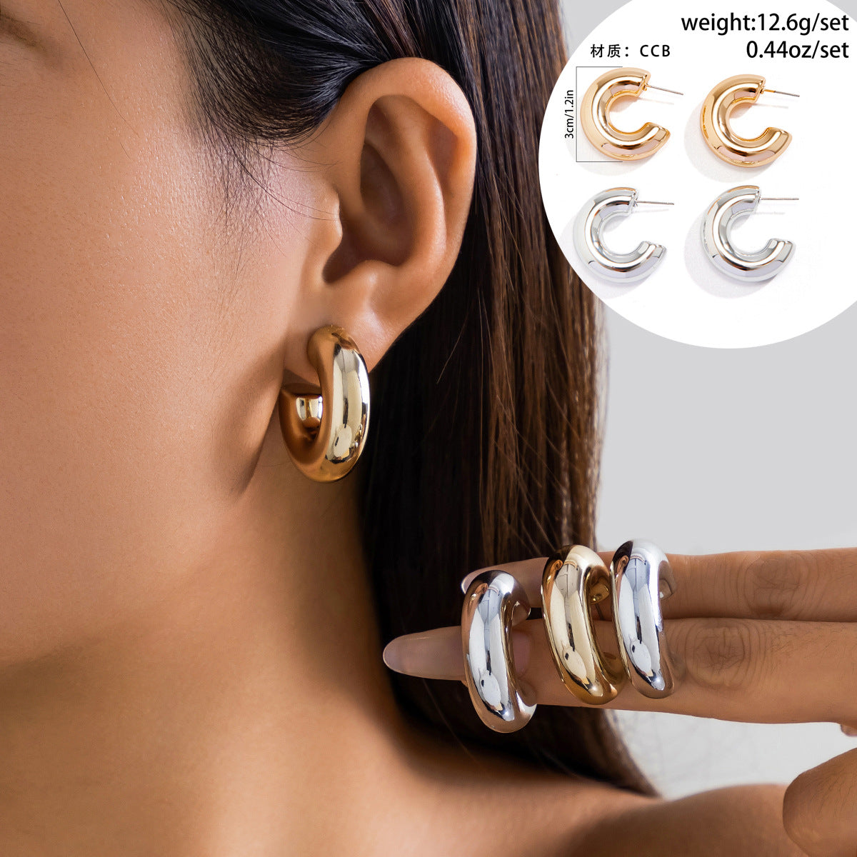 Orecchino a clip da donna in metallo galvanizzato lucidato a forma di C, geometrico e minimalista, senza piercing