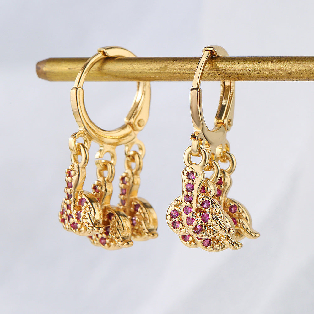 Geometric Snake-Shaped Copper Earrings with Zircon Inlay and 18K Gold Plating for Women