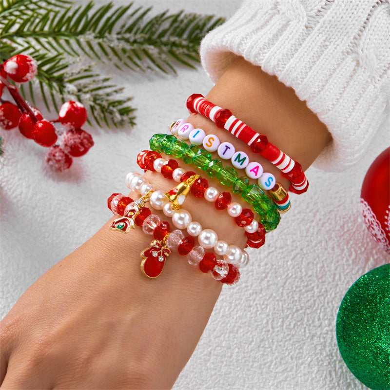 Bracciale Elastico Natalizio alla Moda con Perline in Lega e Ciondoli a Forma di Fiocco di Neve, Renna e Babbo Natale per Donna