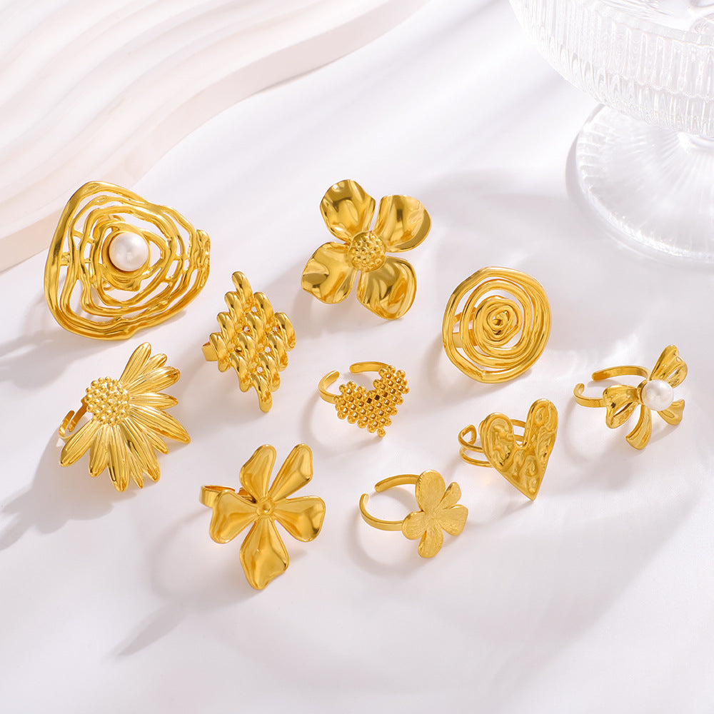 Anello Minimalista Cuore Fiore Farfalla in Acciaio Inossidabile con Intarsio di Perla e Placcatura Sottovuoto in Oro 18K