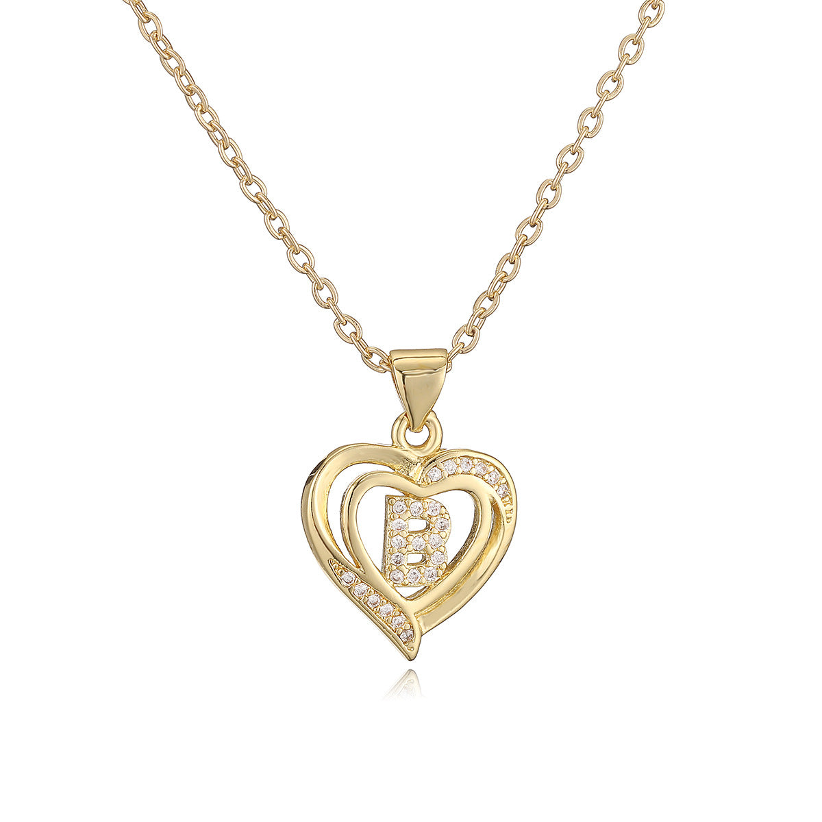 Collana con Pendente Minimalista in Rame, Placcatura in Oro 18K e Dettagli in Zircone a Forma di Cuore e Lettera per Donne
