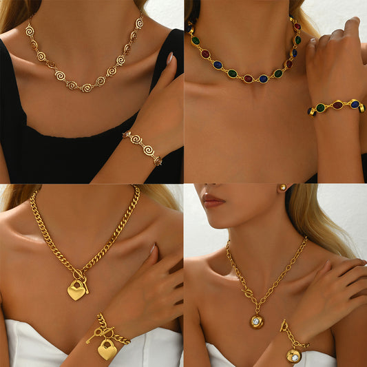 Fashionable Heart-Shaped Copper Necklace and Bracelet Set with Zircon Inlay for Women