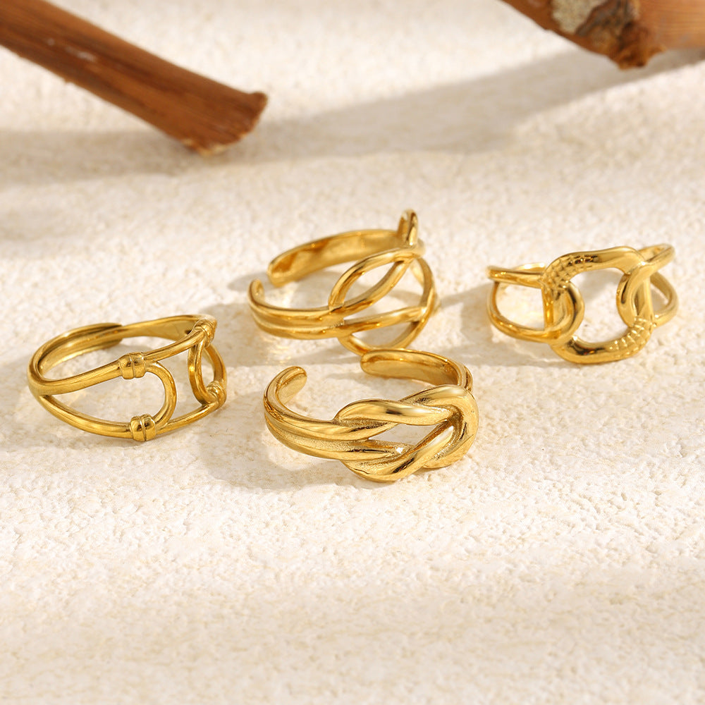 Minimalist 18K Gold Plated Stainless Steel Geometric Double Knot Open Ring for Women