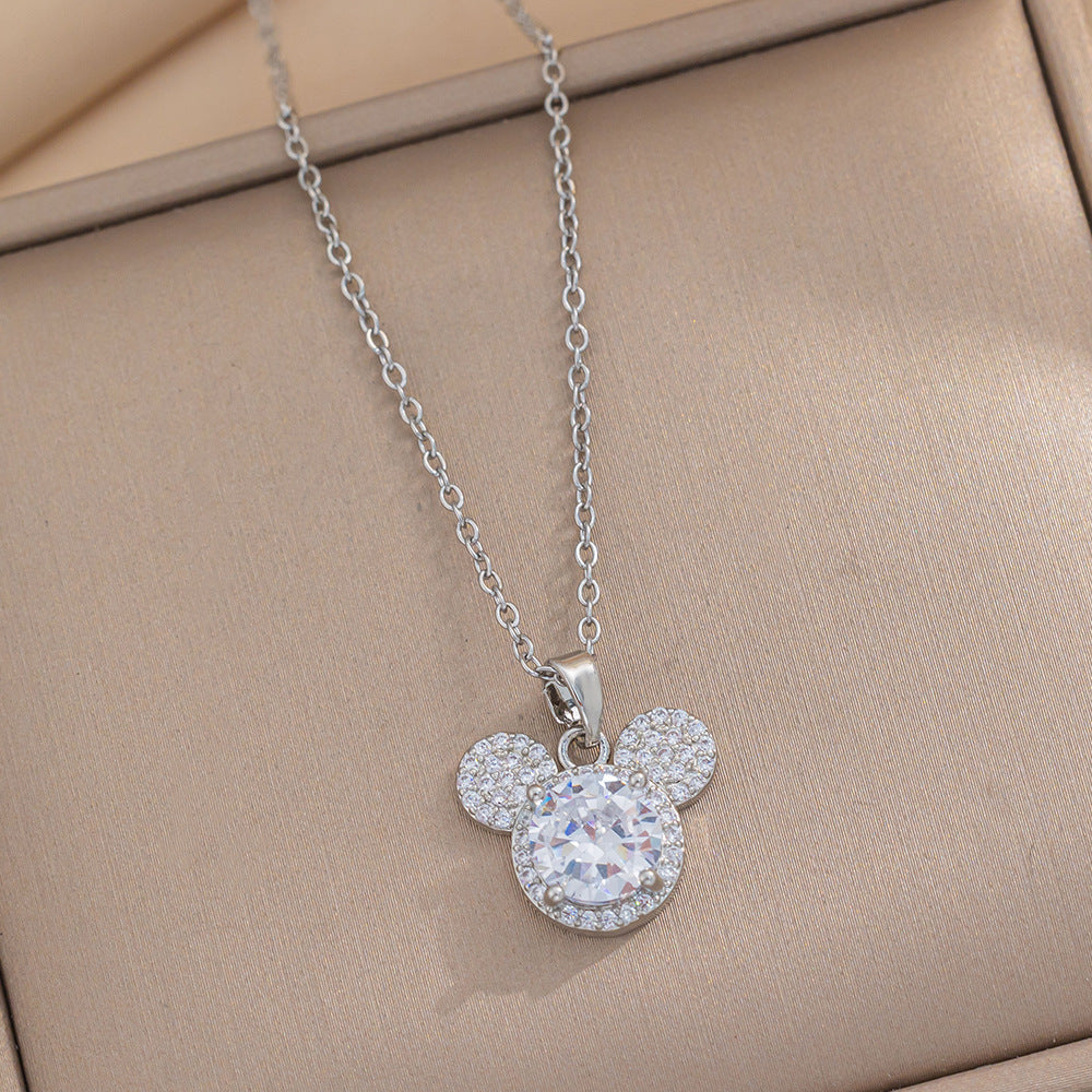 Collana con Pendente Lusso Topolino per Donna in Acciaio al Titanio con Intarsio di Strass su Catena a O, Ipoallergenica e Resistente allo Sbiadimento