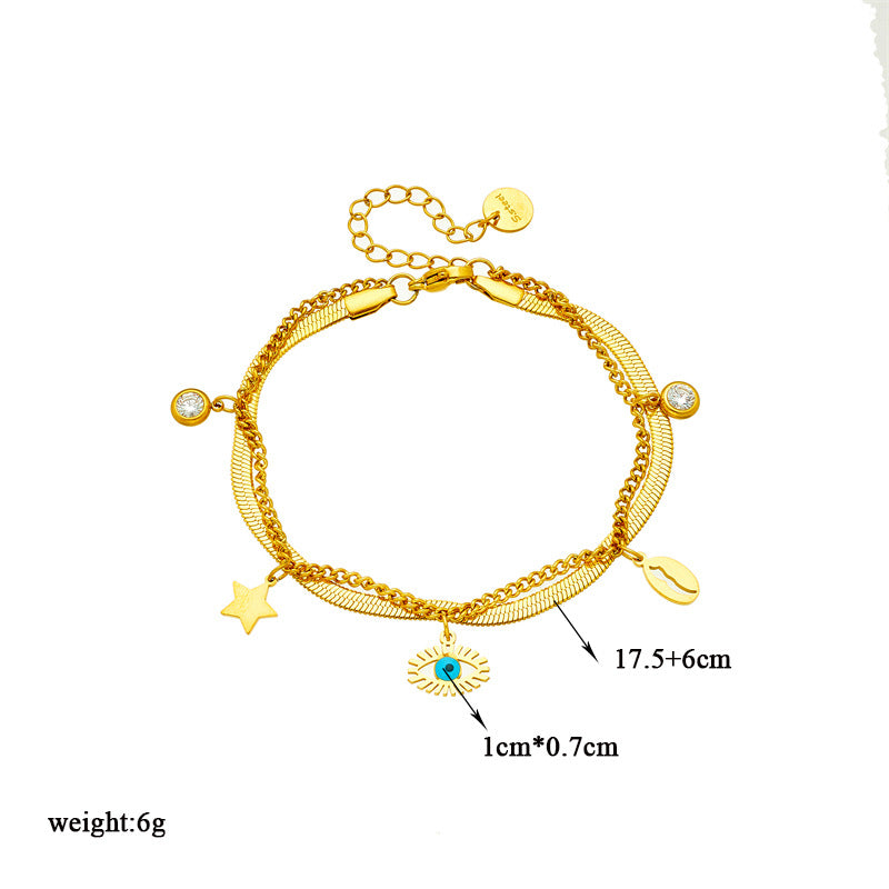 Minimalist Fashionable Stainless Steel Electroplated Round Pendant Bracelet with Rhinestone Accents Butterfly and Eye Motifs for Women