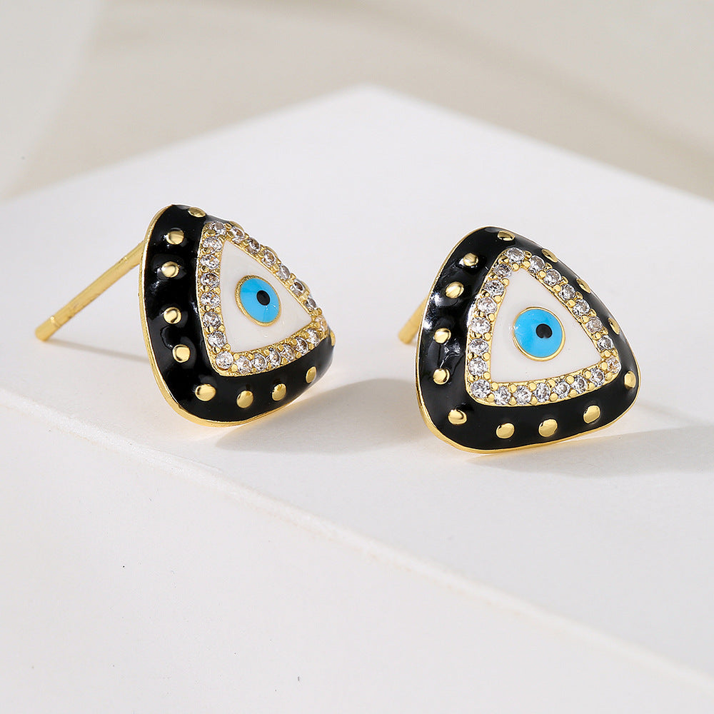 Geometric Eye-Shaped Enamel Zirconia Earrings for Women in Copper with 18K Gold Plating