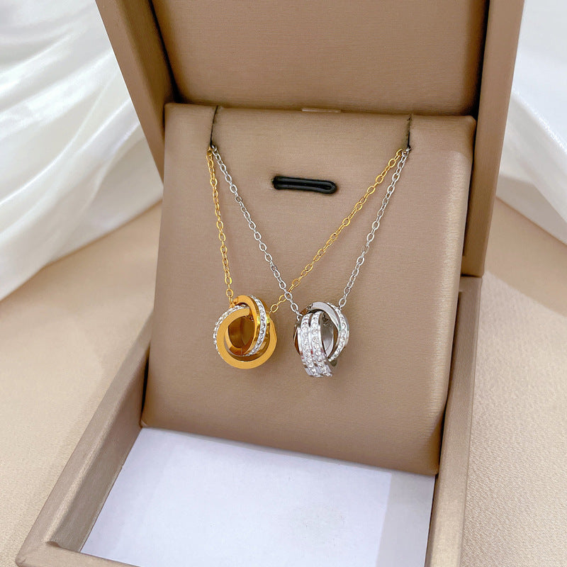 Collana a catena con colletto a doppio anello geometrico in titanio e acciaio inossidabile minimalista con strass per unisex