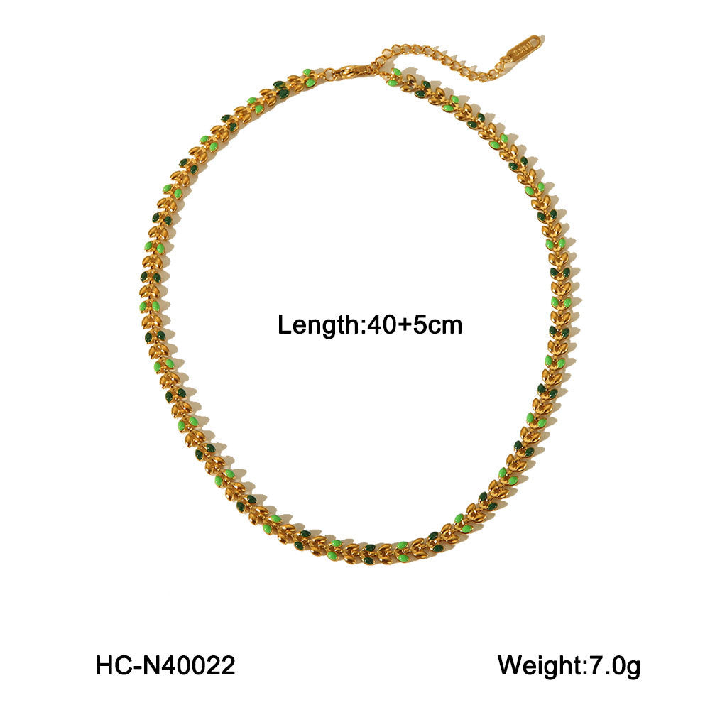 Collana Minimalista con Foglie d'Olivo in Acciaio al Titanio con Smaltatura e Finitura Placcata per Donna