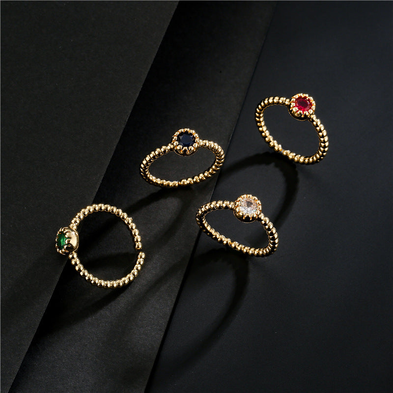 Vintage Bohemian 18K Gold Plated Geometric Brass Ring with Micro-Inlaid Cubic Zirconia for Women