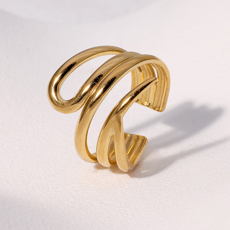 Anello aperto da donna in acciaio inossidabile geometrico minimalista con finitura placcata e design dalle linee pulite
