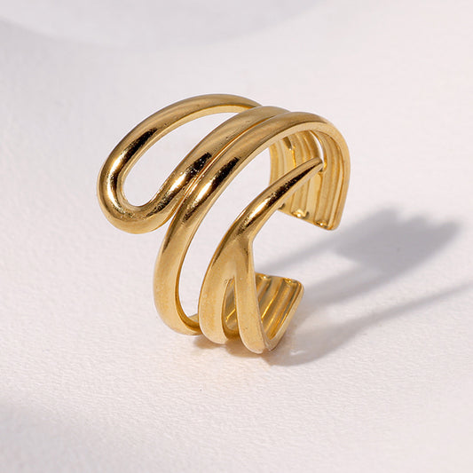 Anillo abierto minimalista geométrico de acero inoxidable para mujer con acabado chapado y diseño de líneas limpias