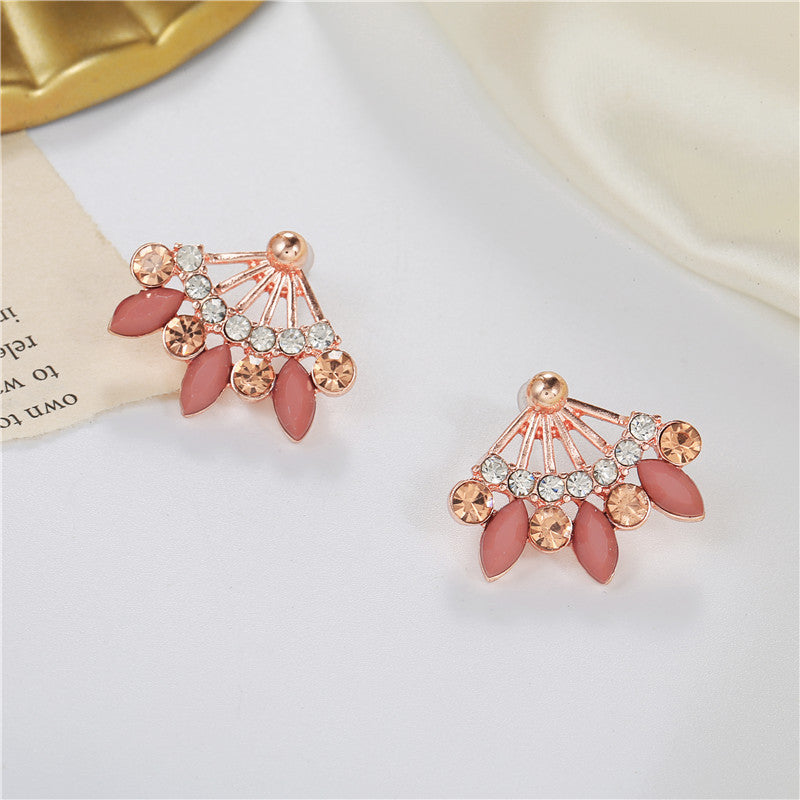 Minimalist Sweet Rose Gold Plated Alloy Teardrop Leaf Earrings with Rhinestone Inlay for Women