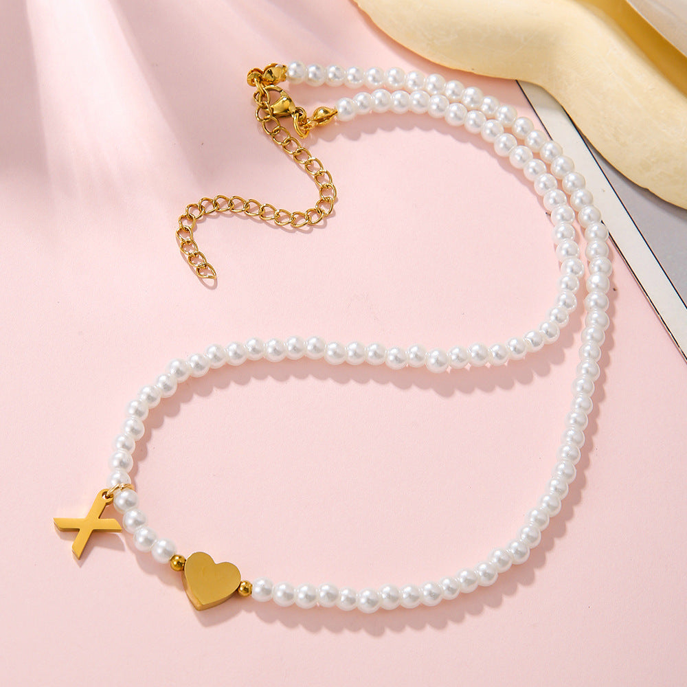 Minimalist Letter Heart Stainless Steel Pearl Necklace Women Cable Chain
