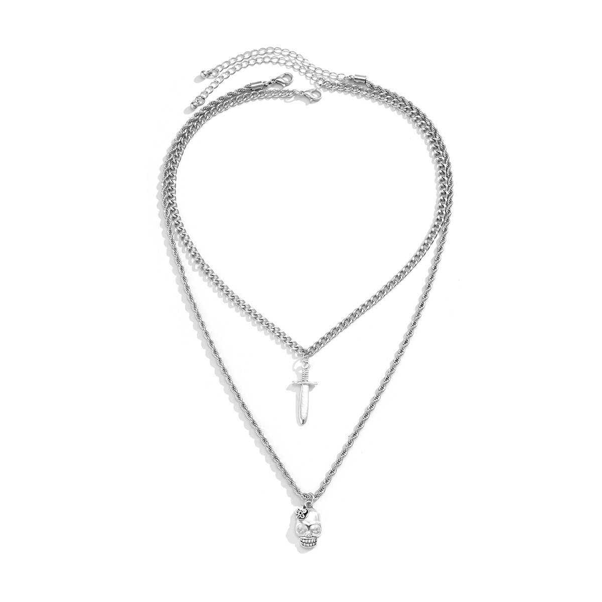 Collar Minimalista Geométrico con Colgante para Mujer con Daga y Calavera, Cadena de Aleación de Doble Capa con Acabado Chapado
