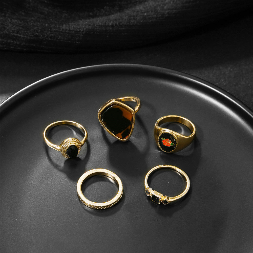Sweet Geometric Leopard Print Floral Drip Oil Acrylic Alloy Ring Set