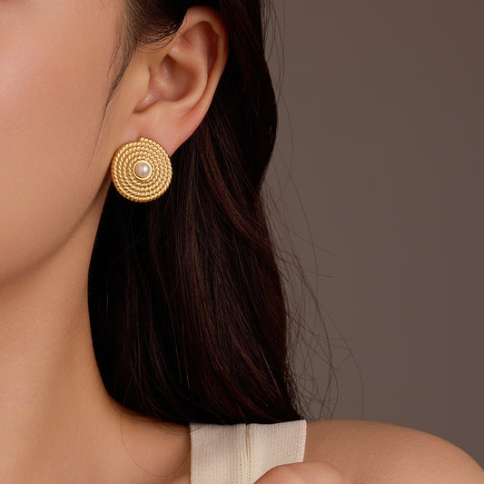 Retro French Style Round Textured Pearl Stainless Steel Stud Earrings with Plated Finish for Women