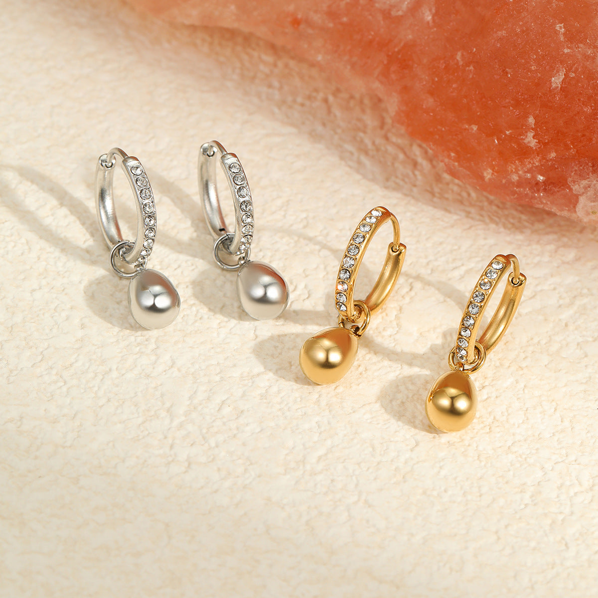 Fashionable Geometric Stainless Steel Hoop Earrings with 18K Gold Plating and Rhinestone Inlay for Women