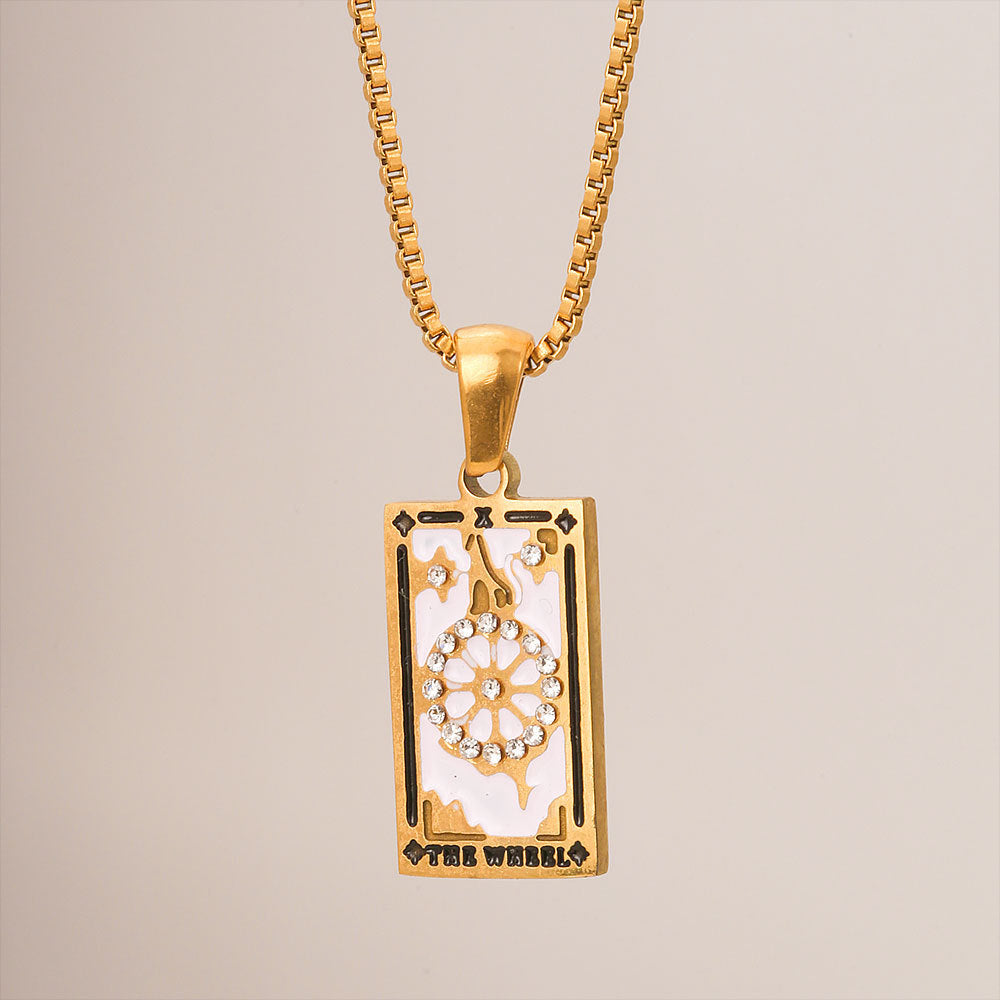 Collar con colgante de tarjeta de tarot de acero inoxidable de moda vintage con incrustaciones de diamantes de imitación y acabado esmaltado, colgante geométrico rectangular en cadena tipo box para mujer