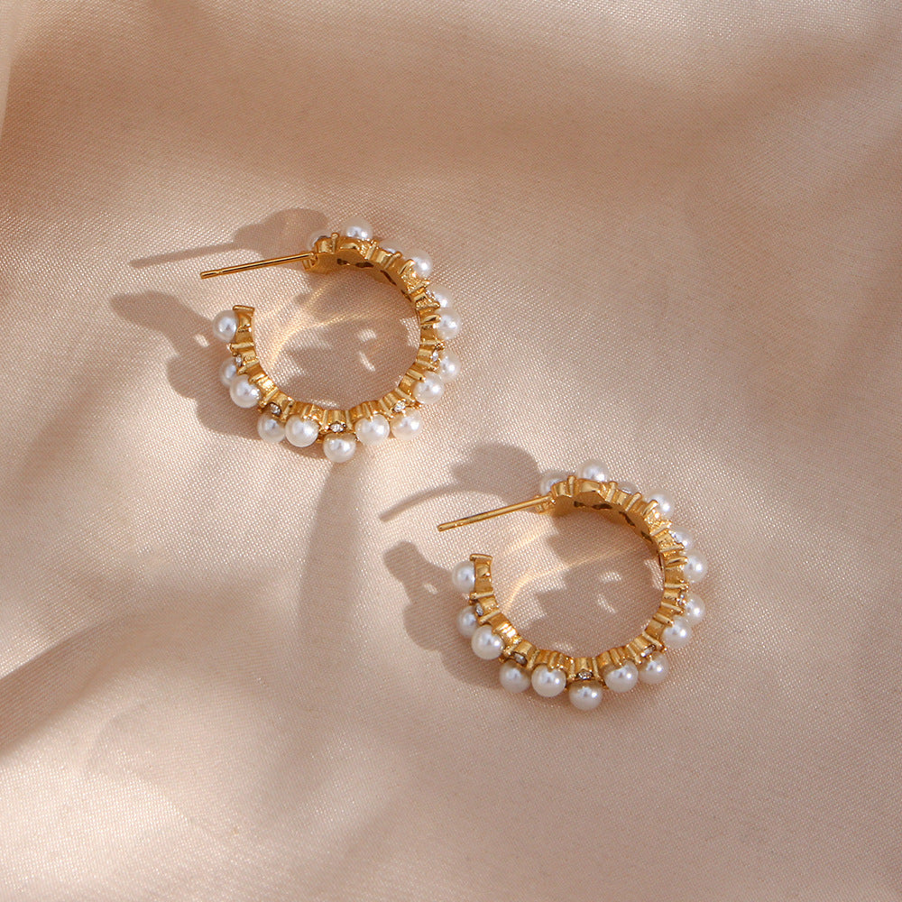 Orecchini alla moda, in acciaio inossidabile placcato oro 18 carati, design geometrico minimalista, cavi, con perle e zirconi incastonati