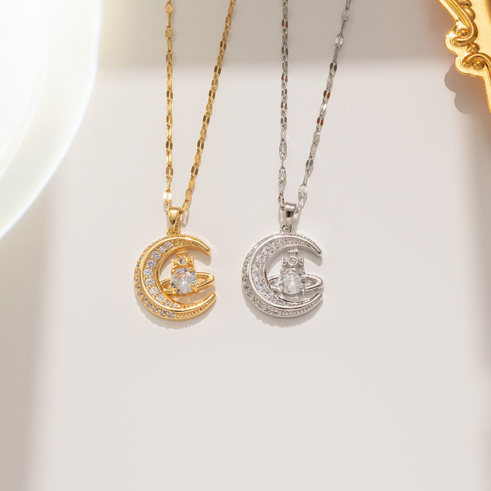 Collana con Ciondolo Geometrico Luna Pianeta in Acciaio al Titanio con Intarsio di Strass, Elettroplaccata, Gioielli di Moda Unisex