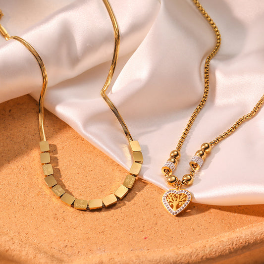 Minimalist Geometric Titanium Steel Tree of Life Pendant Necklace for Women with Zircon Inlay