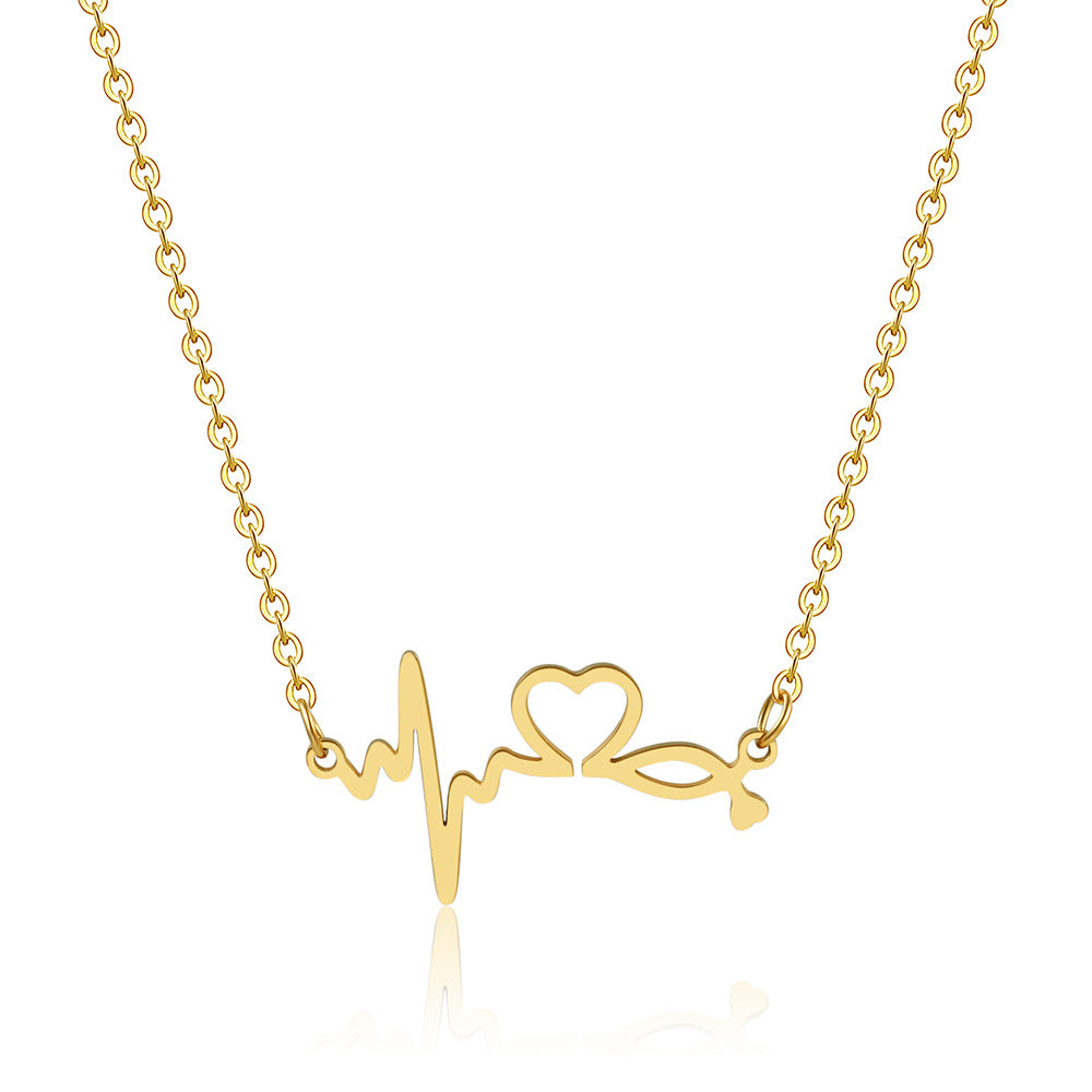 Casual Heart Geometric Titanium Steel Plated EKG Heartbeat Necklace for Unisex